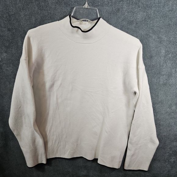 ANTHROPOLOGIE Women's Med IVANNA LIZZIE MOCK NECK BLack TRIM WHITE SWEATER - Picture 9 of 11